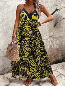 Breezaya Plus Size Women's Vintage Bohemian Style Yellow & Black Abstract Print V-Neck Maxi Dress, Loose Fit Beach & Casual Wear Summer New Arrival Casual Maxi Dress Maxi Dress Women Yellow Sundress Women Yellow Maxi Dress Maxi Vacation Dress - Multicolor - View 3