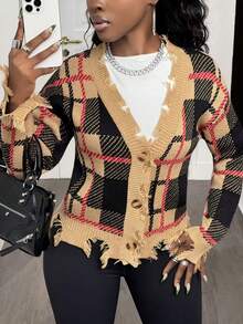 BamGleam Áo khoác cardigan nữ, tay dài, cổ chữ V, cài nút, họa tiết kẻ caro, trang trí tua rua, phong cách đường phố giản dị nhưng thanh lịch, mùa đông dành cho nữ, mùa đông, áo khoác mùa đông nữ. - Cà phê nâu - Xem 8