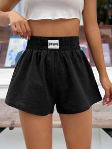 SHEIN EZwear Letter Patched Detail Wide Leg Shorts - Black - View 3