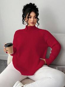 Elenzga Áo len cổ lọ tay dài dáng rộng thoải mái cho nữ, cỡ lớn, phù hợp làm áo khoác ngoài mùa thu/đông - Đỏ - Xem 7