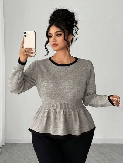 Elenzga Women's Casual Round Neck Ruffle Hem Long Sleeve Loose Fit Sweater, Flattering Plus Size Spring Pullover Top