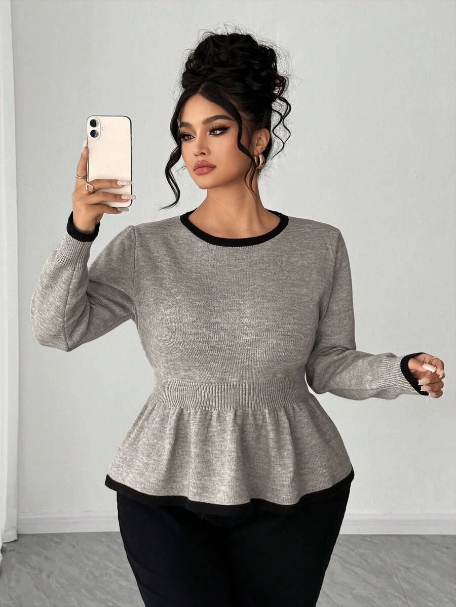 Elenzga 女士休闲圆领荷叶边长袖宽松毛衣，修身大码春季套头衫 - 灰色 - 查看 1