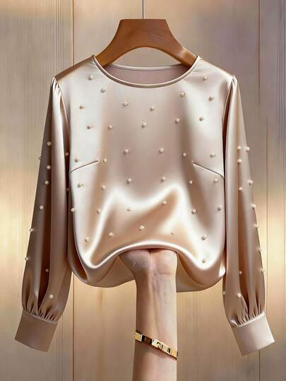 GlowEve CURVE Knitted Elastic Satin Long Sleeve Top, With Bubble Bead Decor On Front Panel And Sleeves