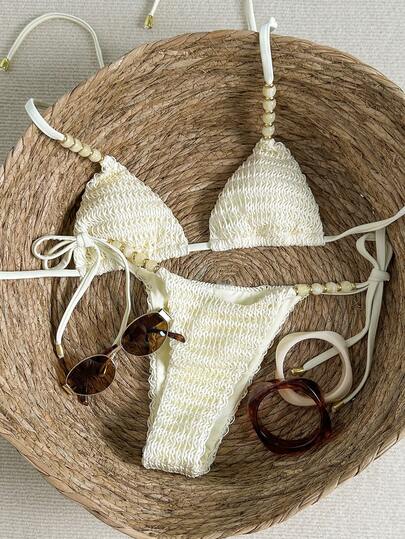 Swim Vcay Women's Jacquard Fabric Beaded Halter Bikini Set, Spring/Summer