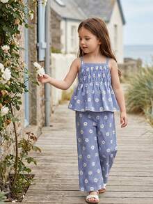 Vintaside Kids 两件套女童格纹碎花印花无袖上衣和配套长裤，修身款式，适合外出、休闲、运动、派对等场合。