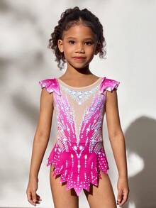 Young Girls Cap Sleeve, Cap Sleeve Printed Leotards, Comfortable & Skin-Friendly, Snug Fit Design To Prevent Exposure, Rhythmic Gymnastics Activewear, School Dance Competition Unitard, Suitable For All Seasons, Rose Red, Christmas Festive Pattern - Hot Pink - View 5