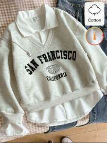 Genkimix Kids Young Girls Preppy 2-In-1 Collared Sweatshirt, Grey Letter Graphic Mock Neck Pullover Top Layered With White Shirt Hem - Light Grey - View 3