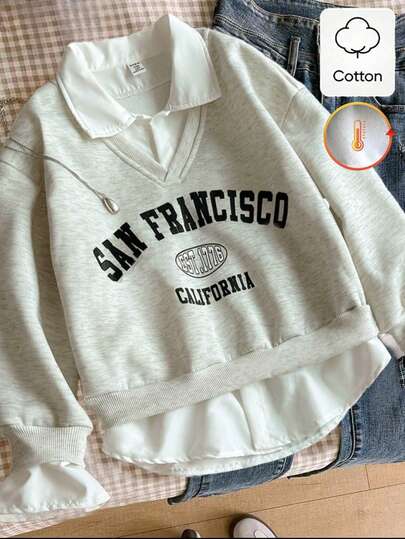 Genkimix Kids 少女春秋冬休闲时尚韩版卫衣，灰色正面黑色复古字母印花长袖套头衫，适合返校季，简约韩版慵懒风，日常、上学、外出、聚会皆宜。