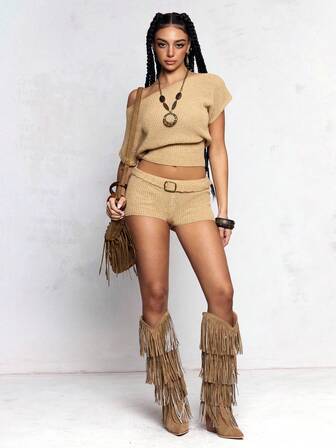 J-Fashion Conjunto de suéter de mujer ajustable con hombros descubiertos, de punto y con brillo, en estilo vintage y sexy