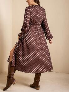 Comfylo 大码秋装女式豹纹 V 领长袖优雅开衩下摆连衣裙，秋冬/感恩节女装/万圣节服装/长款女装/秋装曲线感恩节装节日装节日派对连衣裙加大码 - 棕色 - 查看 7