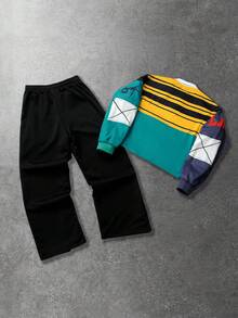 ROMWE MEN Men's Letter Print Polo Collar Long Sleeve T-Shirt And Drawstring Waist Long Pants Sports Outfit - Multicolor - View 2