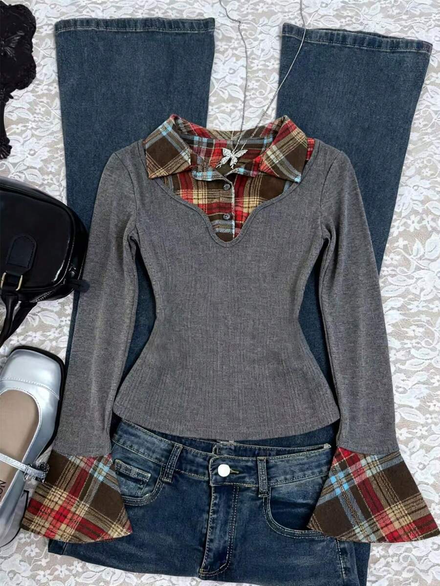 INAWLY Lässiges Damen-Top mit Karomuster und ausgestellten Ärmeln (2-in-1) - Grau - Übersicht 1