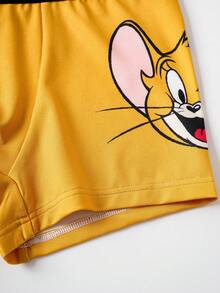 TOM & JERRY X SHEIN Tween Boy 2pcs Cute Cartoon Graphic Contrast Letter Tape Waist Comfortable Trunks - Black - View 7