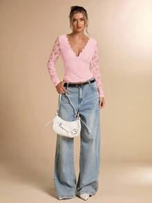 SHEIN BAE 秋冬纯白性感蕾丝长袖露背上衣，性感露背上衣，秋季上衣，露背打底衫，外套，秋季女装，复古富贵，性感简约女式上衣，适合派对、鸡尾酒会、正式场合、生日上衣 - 珊瑚粉 - 查看 4