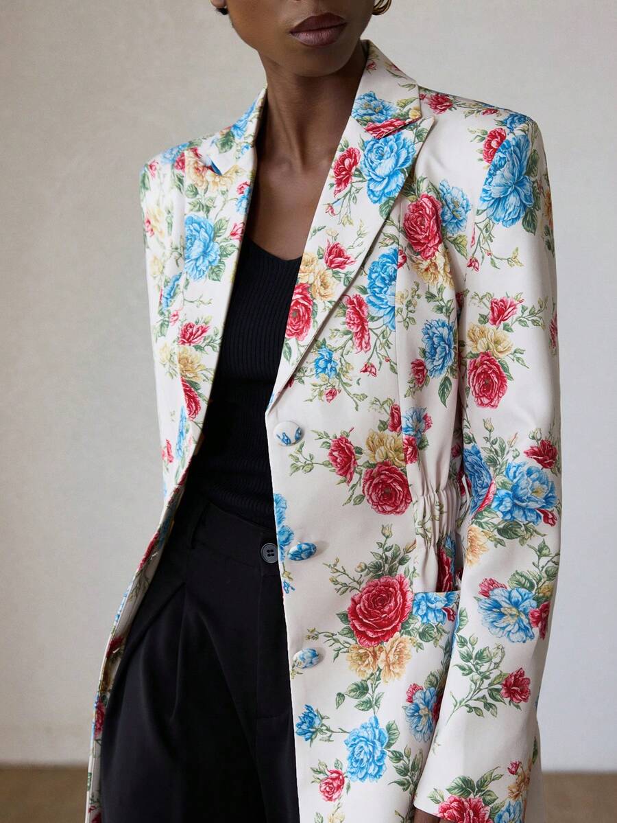 Aveloria Modichic 女士树叶花卉印花翻领宽肩长袖松紧腰西装外套 - 彩色 - 查看 1