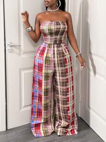 SHEIN BamGlam Quần ống rộng không tay, lưng thun, quần liền thân in họa tiết caro nhiều màu, quần ống rộng, và quần âu, thời trang và gợi cảm - Nhiều màu - Xem 5