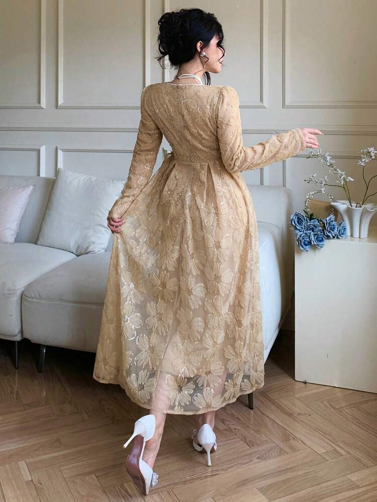 Women's Elegant Lace Patchwork Round Neck Puff Sleeve Long Dress, Autumn Wedding Guest Dress Sundress