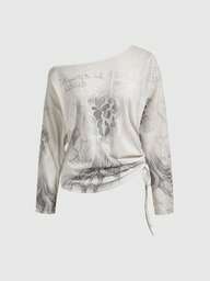 ROMWE Grunge Punk Y3K アブストラクトプリント 斜めショルダー サイドドローストリング 長袖トップ