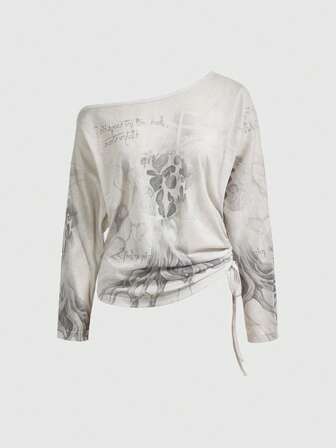 Grunge Punk Blusa de manga larga con estampado abstracto, hombros oblicuos y cordón lateral