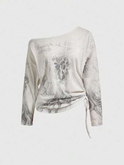 Grunge Punk Top à manches longues avec imprimé abstrait oblique, cordon de serrage sur le côté de l'épaule