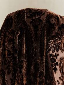 Anewsta 优雅女士宽松复古休闲衬衫，采用随机天鹅绒烧花设计和纽扣细节，具有显瘦效果 - 棕色 - 查看 8