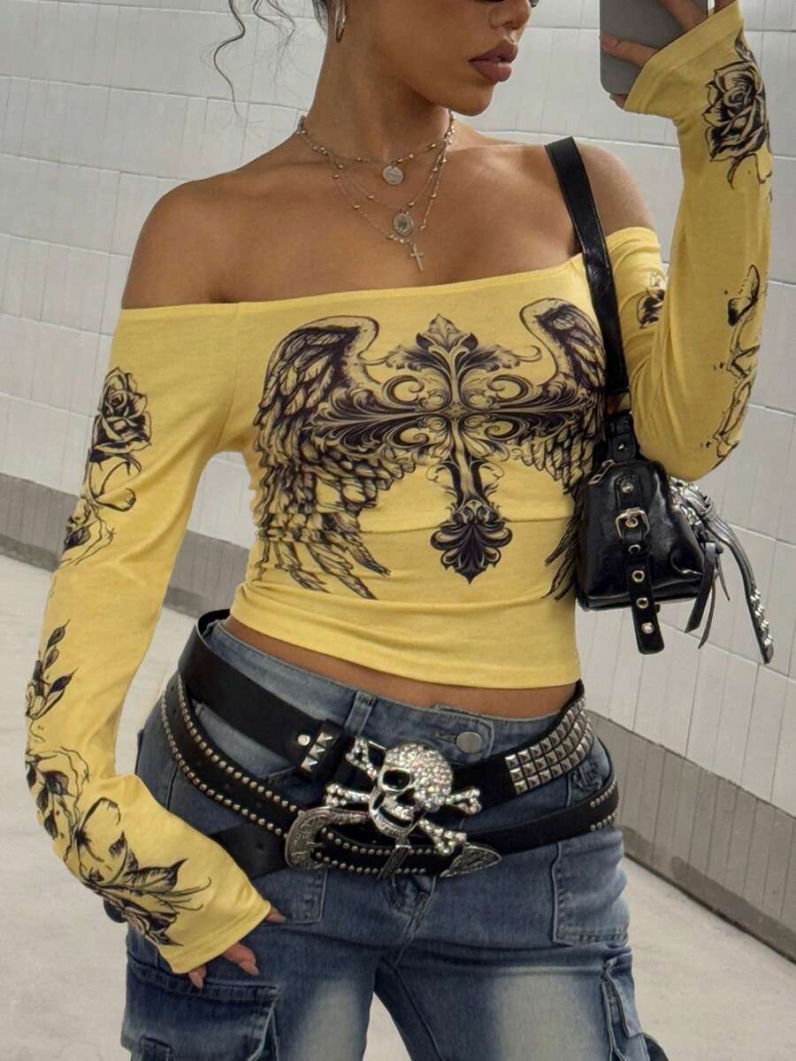 Maweii 大码女式性感露肩印花长袖上衣T恤，适合春秋季穿着 - 黃色 - 查看 1