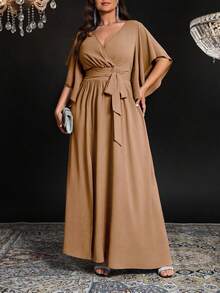 Auvina 大码女式V领褶皱腰部喇叭袖开衩优雅派对连衣裙 - 卡其色 - 查看 6