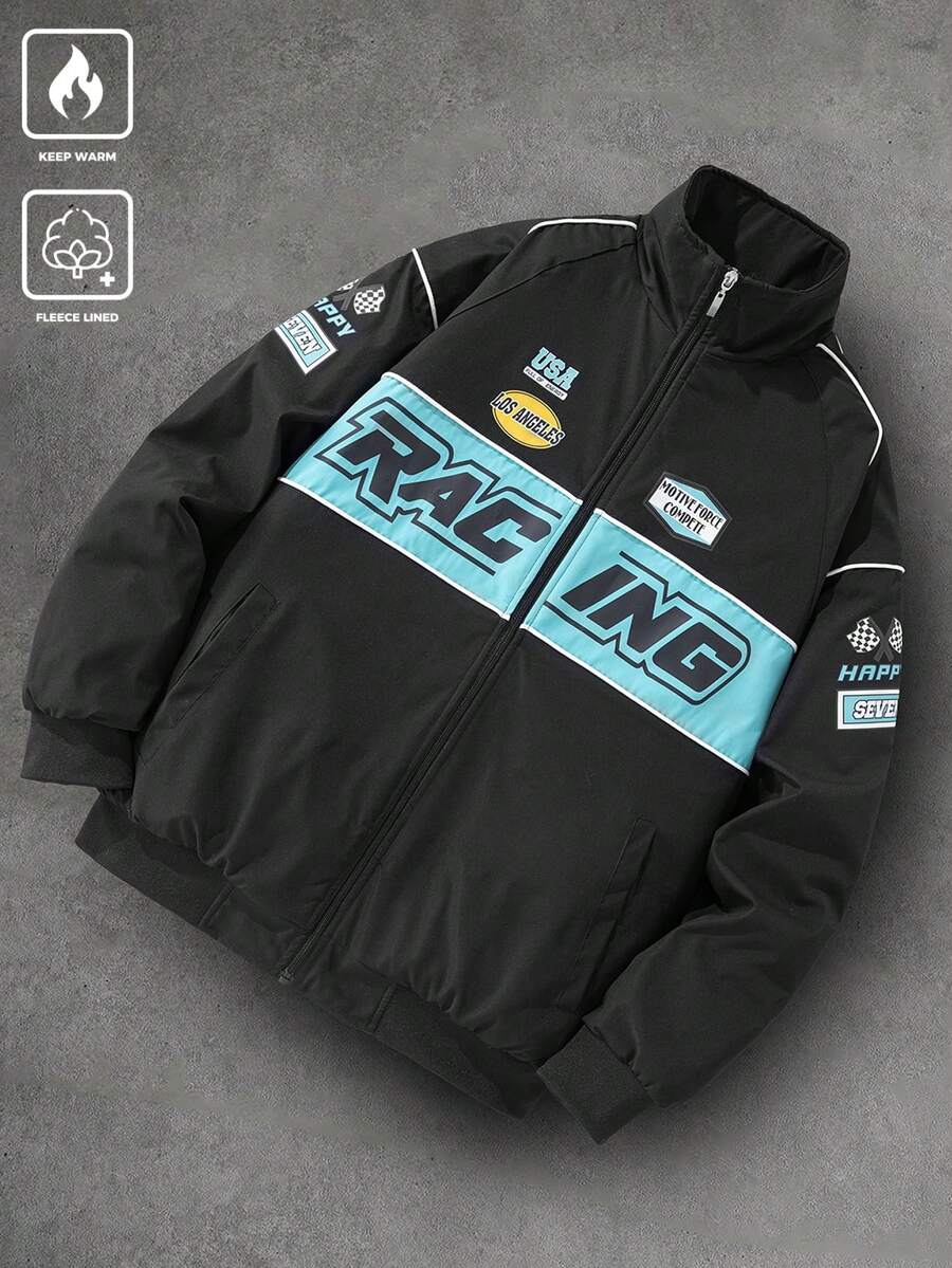Manfinity Roghcode Manfinity Streetrush Men's Black Winter Streetwear Date Motorcycle Style Letter Print Contrast Piping Zip-Up Stand Collar Warm Padded Racing Jacket - Mint Green - View 1