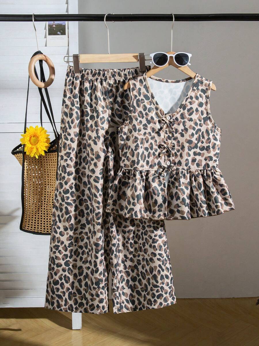 SHEIN 2pcs Tween Girls Camisole Shirt With Bow Button And Elongated Pants Set - Multicolor - View 1