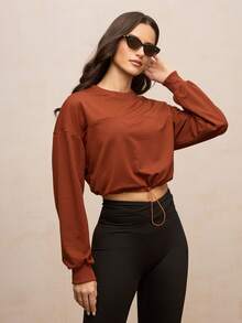 Activina Áo nỉ dài tay hở vai thể thao thường ngày cho nữ - màu nâu - Xem 5