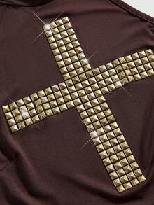 ROMWE Grunge Punk Y2K Sexy Metallic Cross Stud Backless Fitted Crop Top - Coffee Brown - View 3