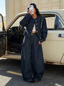 Muchica Women's Round Neck Drop Shoulder Long Sleeve Casual Front Button Fashionable Versatile Denim Jacket - Navy Blue - View 4