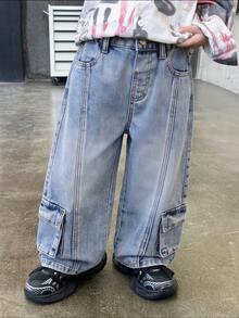 Young Boy Distressed Washed Light Blue Denim Jeans, Relaxed Fit Design With Practical And Fashionable Elements - Medium Wash - View 4