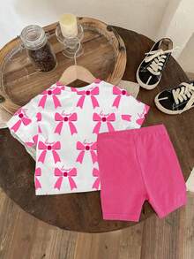 SHEIN 1 Set Baby Girls Casual Fashion Cute Bow Print Round Neck Short Sleeve T-Shirt And Leggings Shorts Set, Knitted Outfit, Spring/Summer, Suitable For Valentine's Day - Multicolor - View 2