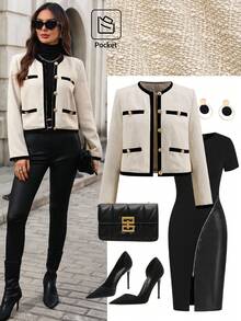 Ellevyn Women's Elegant Contrast Color Black And White Crew Neck Long Sleeve Fashionable Short Jacket Winter  Christmas New Year Thanksgiving Graduation Elegant Formal - Apricot - View 13