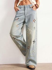 Bohemela 女士时尚水洗镂空口袋宽松裤