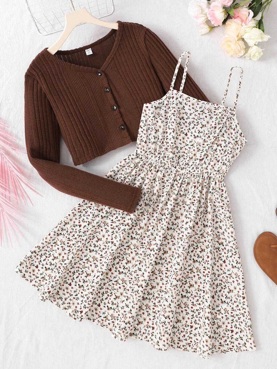 SHEIN Teen Girls 2-Piece Set: Brown Ribbed Knit Cardigan Jacket & Ditsy Floral Waist Tie Slip Dress, Vintage Casual Holiday Outfit - Multicolor - View 1