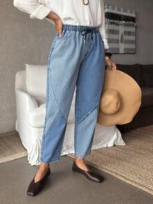 EMERY ROSE Mature Denim Women's Drawstring Waist Pocket Tapered Casual Versatile Jeans,Valentine's Day - Blue - View 1