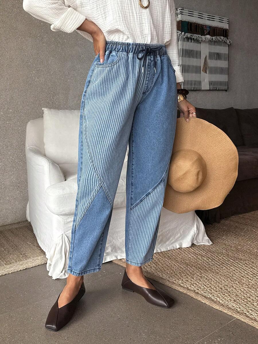 EMERY ROSE Mature Denim Women's Drawstring Waist Pocket Tapered Casual Versatile Jeans,Valentine's Day - Blue - View 1