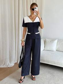 Siren Gaze Women's Striped Short Sleeve Single-Breasted Shirt And Pants Casual Suit - Navy Blue - View 7