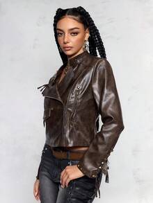 ROMWE Chaqueta corta de mujer de tela de PU con decoración de tachuelas, estilo retro, vintage, hippie y rockero para festivales de música - Marrón - Ver 4