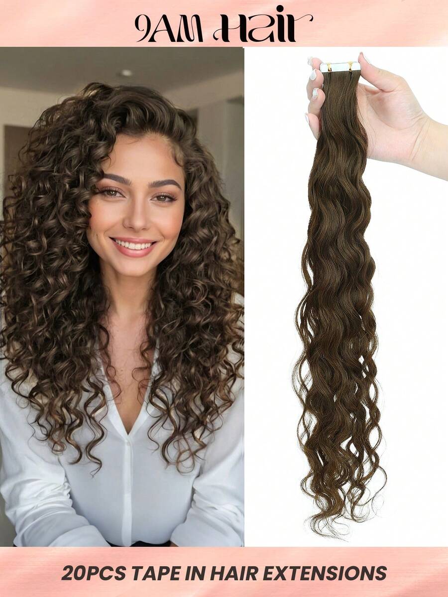 Water Wave Tape In Hair Extensions Remy Human Hair #4 Brown 20Pcs 50G Virgin Hair Extensions Real Hair Extensions