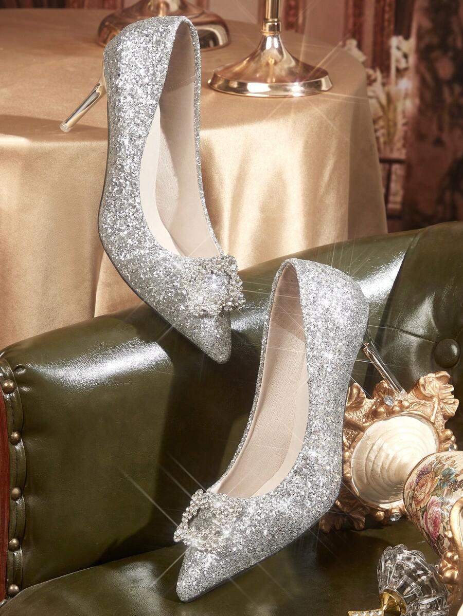 CUCCOO TILAWA Damen Spitze Glitzer Glamour High Heels für Partyanlässe - Silber - Übersicht 1