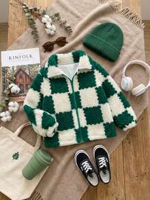 SHEIN 1 szt. Zimowa, modna, swobodna, prosta kurtka w kolorze morelowym z zielonym wzorem w kratę, z kołnierzem z futra i długim rękawem, odpowiednia do szkoły i codziennego noszenia