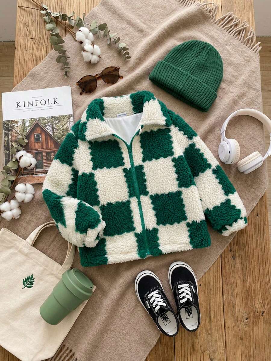 SHEIN 1 szt. Zimowa, modna, swobodna, prosta kurtka w kolorze morelowym z zielonym wzorem w kratę, z kołnierzem z futra i długim rękawem, odpowiednia do szkoły i codziennego noszenia