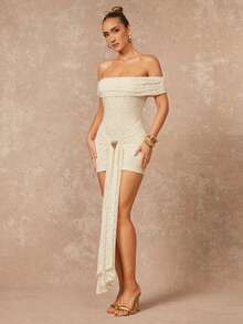 Lumalex Early Spring Soft & Comfortable Floral Off-Shoulder Cinched Waist Ruffle Hem Metal Buckle Decor Tie-Up Mini Dress PreSpringDresses For Women Luxury NewYearNewLook QuietLuxe Prom Gathering Party Banquet Modest Old Money Glitter Holiday Party Rave Festival Outing Vacation Hot Outdoor Richly Layered Wedding VDayGiftGuide RomanticVDayOutfit Season Banquet ID Party New Year Looks Of Party Party Dress PreSpringDresses For Autumn - Apricot - View 7