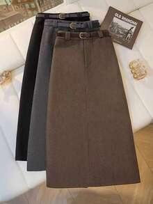 Franclia休闲时尚百搭棕色褶皱复古做旧中长裙，女士休闲裙，圣诞棕色裙，女士秋冬服装 - 棕色 - 查看 3