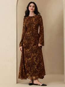 Graceveil 优雅印花雪纺连衣裙，圆领系腰设计，女士款 - 咖啡 - 查看 3