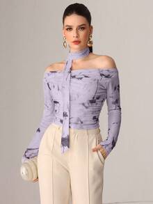 NOVVYNE Autumn Knitted Sexy Sheer Mesh Ribbon Print T-Shirt Light Purple Top - Mauve Purple - View 5