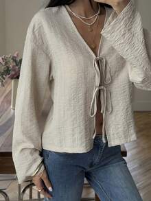 Livesso Women's Loose Casual Vacation Style Fashion Street Tie-Up Long Sleeve Shirt, Suitable For Autumn & Spring - Apricot - View 2